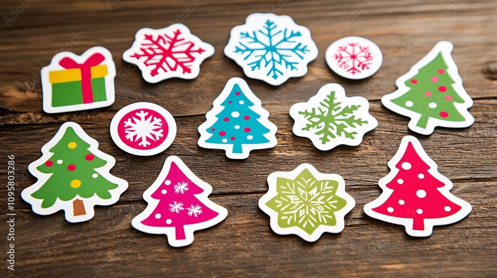Colorful and cheerful holiday stickers in a variety of festive shapes and designs including snowflakes decorated Christmas trees and gift boxes Colorful and cheerful holiday stickers in a variety of festive shapes and designs including snowflakes decorated Christmas trees and gift boxes