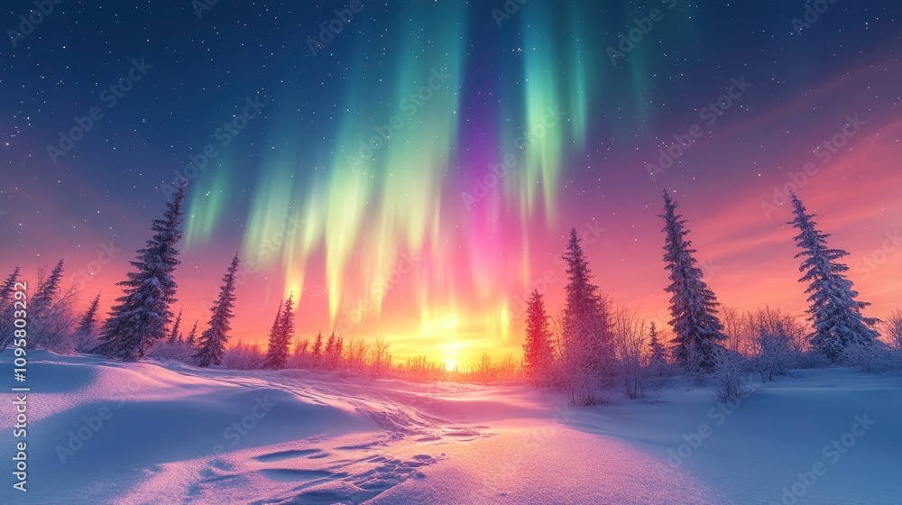Breathtaking northern lights illuminate a serene winter landscape at sunset Breathtaking northern lights illuminate a serene winter landscape at sunset