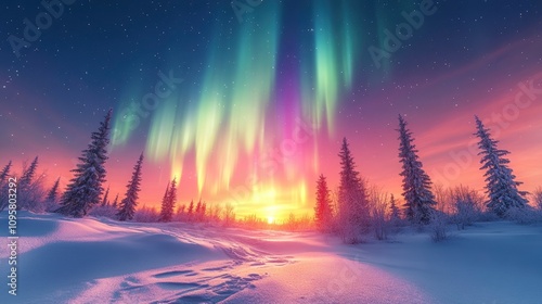 Breathtaking northern lights illuminate a serene winter landscape at sunset