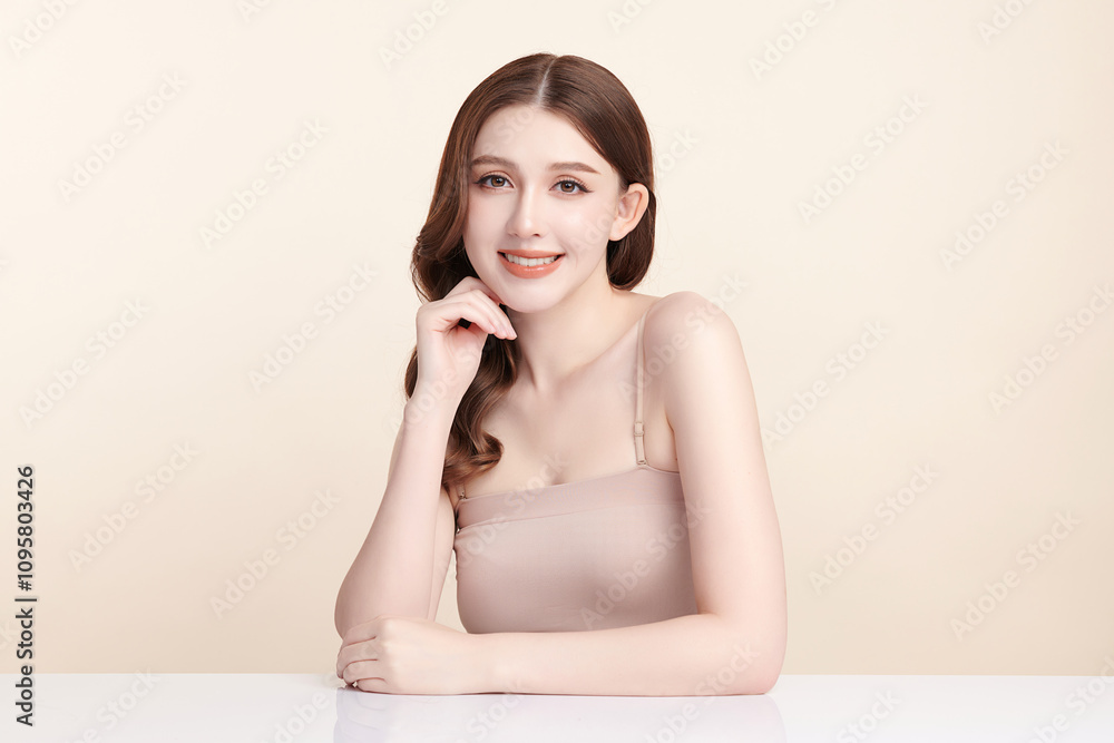 Beautiful young asian woman with clean fresh skin on beige background, Face care, Facial treatment, Cosmetology, beauty and spa, Asian women portrait. Beautiful young asian woman with clean fresh skin on beige background, Face care, Facial treatment, Cosmetology, beauty and spa, Asian women portrait.
