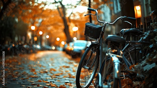 Autumn street scene with bicycles and fallen leaves at dusk