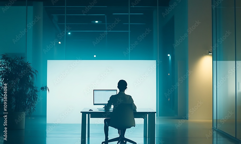 A person sitting at a desk in a dimly lit office, focused on a computer screen. A person sitting at a desk in a dimly lit office, focused on a computer screen.