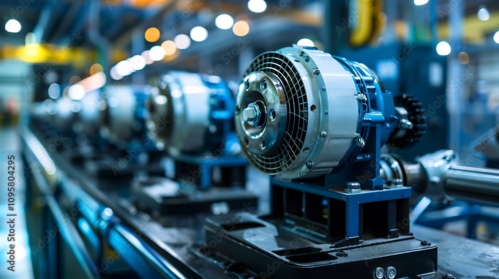Close-up of an automated assembly line showcasing electric motors. High-tech industrial manufacturing in action. Close-up of an automated assembly line showcasing electric motors. High-tech industrial manufacturing in action.