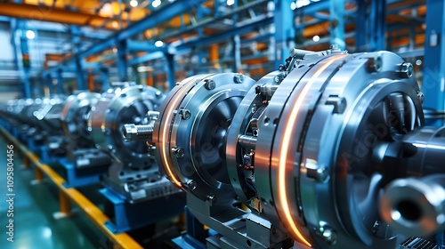 Close-up view of machinery on a production line in a modern factory setting showcasing advanced technology and precision engineering.