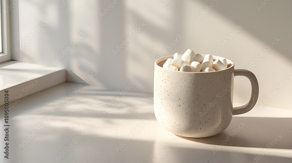 Warm mug of hot cocoa with marshmallows cozy indoor setting food photography natural light serenity concept comfort and delight Warm mug of hot cocoa with marshmallows cozy indoor setting food photography natural light serenity concept comfort and delight