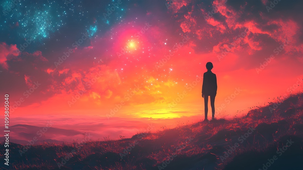 Silhouette of a person against a vibrant cosmic sunset. Silhouette of a person against a vibrant cosmic sunset.