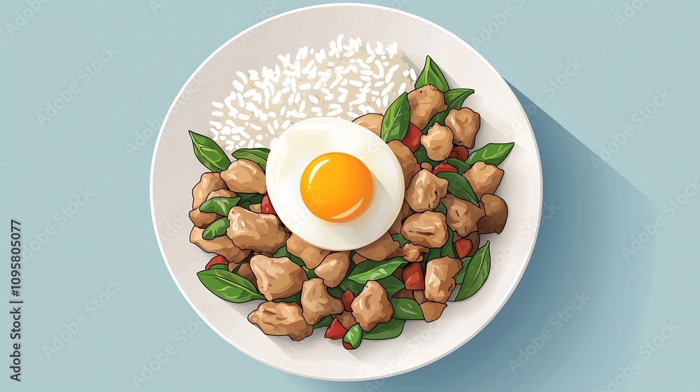 Delectable Stir Fried Basil Chicken Served with Fluffy Rice and a Perfectly Cooked Egg on a Minimalist Plate Design This Vibrant and Flavorful Dish Showcases the Harmonious Blend of Asian Cuisine Delectable Stir Fried Basil Chicken Served with Fluffy Rice and a Perfectly Cooked Egg on a Minimalist Plate Design This Vibrant and Flavorful Dish Showcases the Harmonious Blend of Asian Cuisine