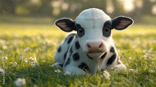 Adorable black and white calf resting on green grass in the sun photo