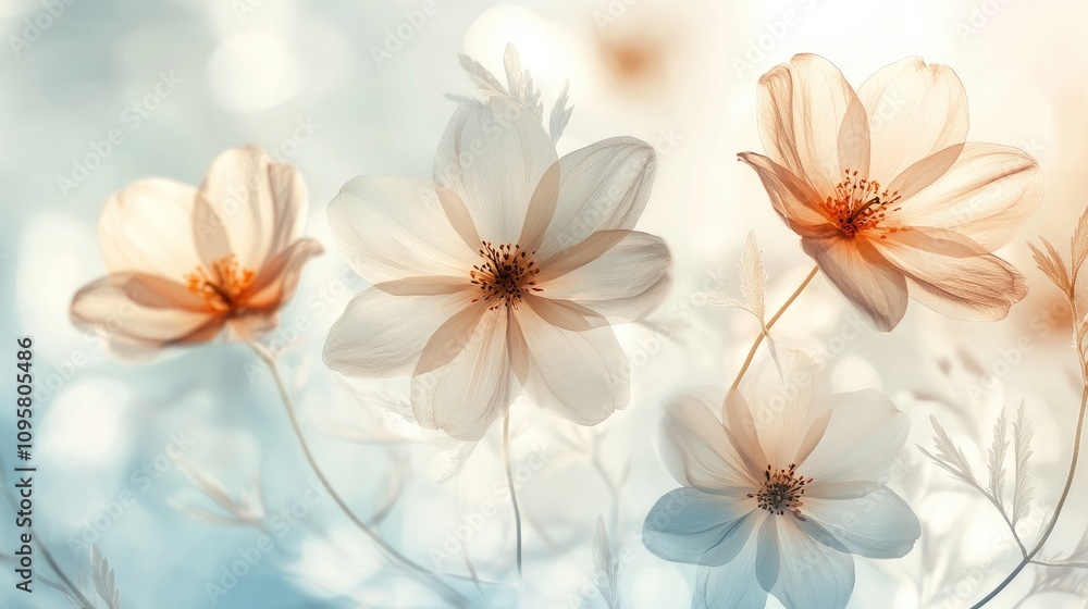 Transparent flowers on a light, airy background, creating an ethereal and enchanting visual effect Transparent flowers on a light, airy background, creating an ethereal and enchanting visual effect