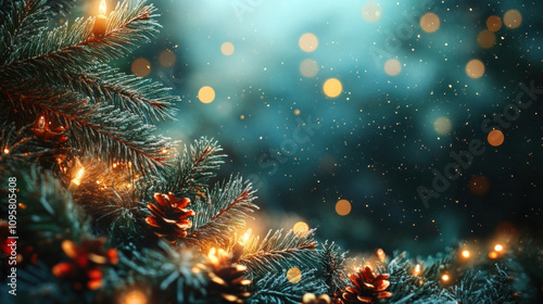 Christmas tree with twinkling lights covered in fresh snow, creating a festive winter wonderland scene.