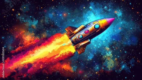 Colorful rocket soaring through the cosmic space filled with stars photo