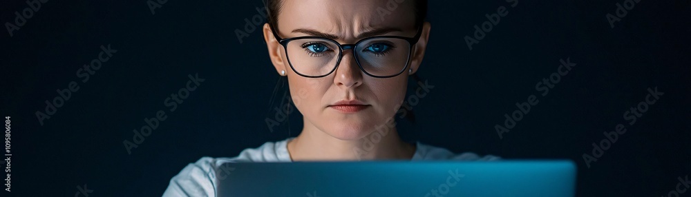 Fototapeta premium Focused woman working late at night on a laptop with glasses and a serious expression.