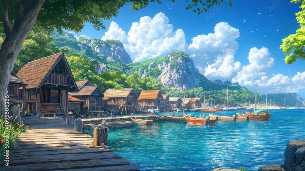 Fototapeta premium Scenic anime fishing village with wooden docks, boats, and calm blue waters