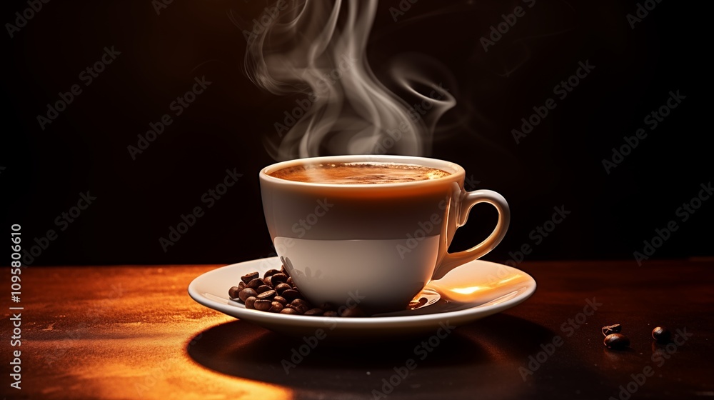 a cup of hot coffee with steam rising, space on the left side Hard Light,generative ai illustration a cup of hot coffee with steam rising, space on the left side Hard Light,generative ai illustration