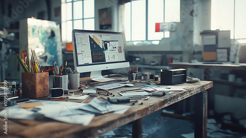 Graphic design tools scattered over rustic desk in abandoned studio, 8k, hyper realistic, real life based. photo