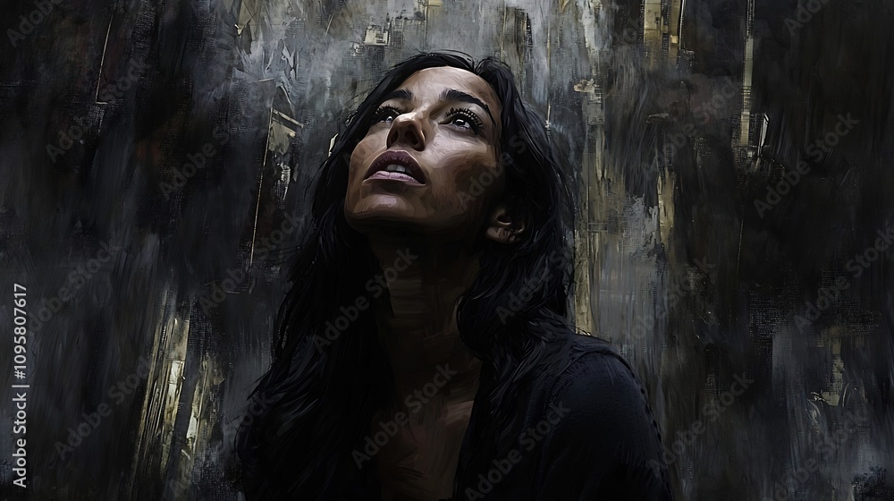 Enigmatic digital portrait of a mysterious woman gazing upward surrounded by deep black gray and shadowy architectural hints evoking a dramatic and moody atmospheric ambiance Enigmatic digital portrait of a mysterious woman gazing upward surrounded by deep black gray and shadowy architectural hints evoking a dramatic and moody atmospheric ambiance