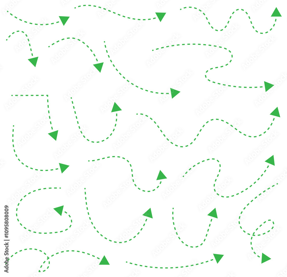 Set of squiggle line dashed arrows. Dash curved vector editable stroke arrows Set of squiggle line dashed arrows. Dash curved vector editable stroke arrows