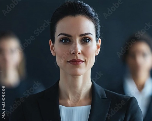 Confident businesswoman leading a team, exuding strength and professionalism in a modern office environment.