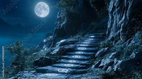 Guidance symbols etched into cliffside path, illuminated by moonlight, 8k, hyper realistic, real life based. photo