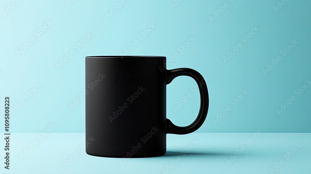Minimalist black mug on a light blue background Minimalist black mug on a light blue background