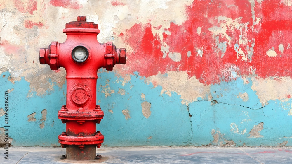A vibrant red fire hydrant stands against a weathered blue and red wall, showcasing urban charm and structural detail. A vibrant red fire hydrant stands against a weathered blue and red wall, showcasing urban charm and structural detail.