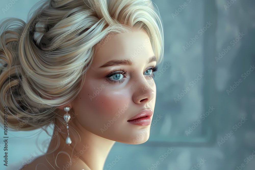 A serene young Caucasian woman with blonde hair and blue eyes gazes thoughtfully, adorned with elegant pearl earrings. A serene young Caucasian woman with blonde hair and blue eyes gazes thoughtfully, adorned with elegant pearl earrings.