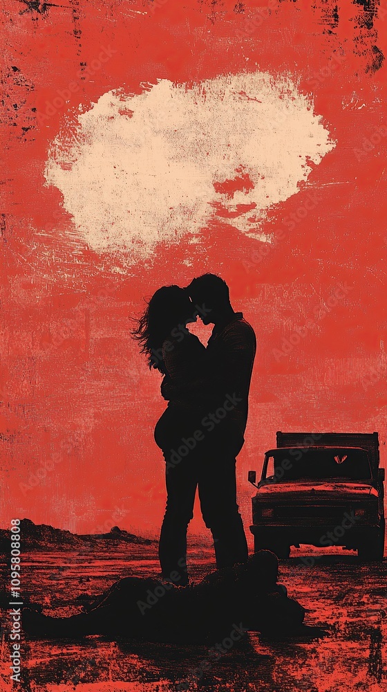 Silhouette of a couple kissing in front of a truck against a red sky. Silhouette of a couple kissing in front of a truck against a red sky.