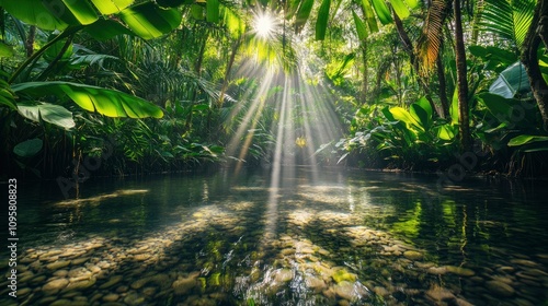 Serene rainforest with sunlight and reflections on tranquil water surface photo