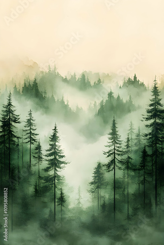 Misty Forest Watercolor Ill...