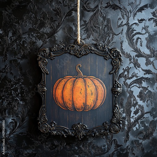 A painted orange pumpkin hanging on a dark, ornate frame. photo