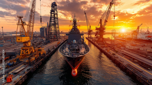 stunning shipyard at sunset with cranes and large vessel