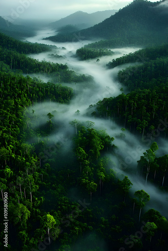 Misty Rainforest Aerial View