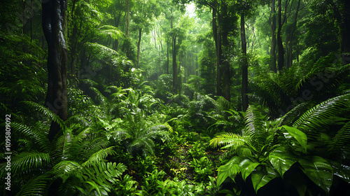 The image of green forest habitat which is good for animals with big trees and sun light