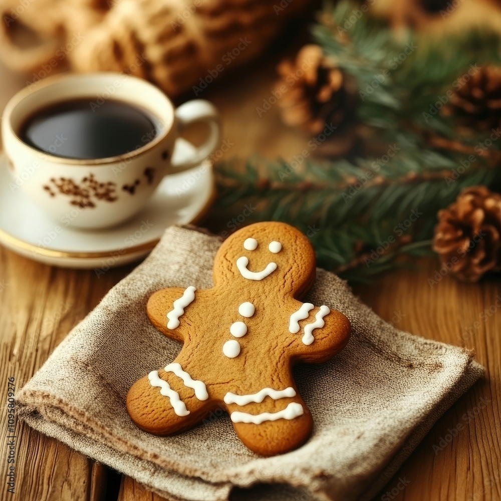 Cozy holiday scene with gingerbread man cookie and coffee cup Cozy holiday scene with gingerbread man cookie and coffee cup