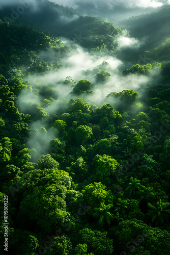 Misty Rainforest Aerial View