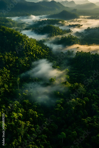 Misty Rainforest Aerial View