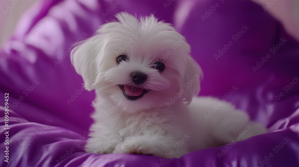 Adorable Small White Dog with Bright Eyes Smiling on a Plush Purple Bean Bag Chair in a Cozy Home Environment Adorable Small White Dog with Bright Eyes Smiling on a Plush Purple Bean Bag Chair in a Cozy Home Environment