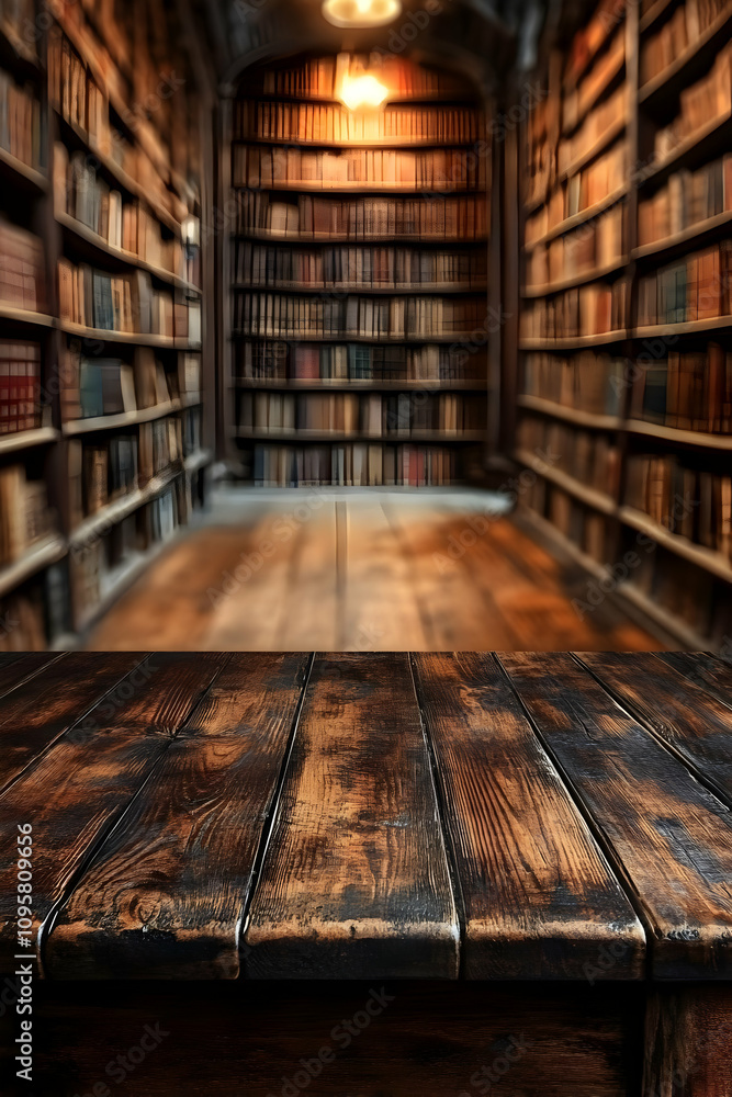Wooden Table in Old Library Background Illustration Wooden Table in Old Library Background Illustration