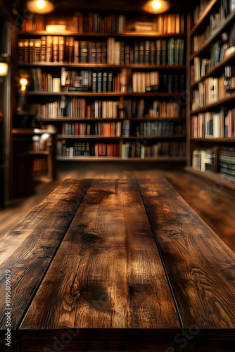 Wooden Table in Library Bac...