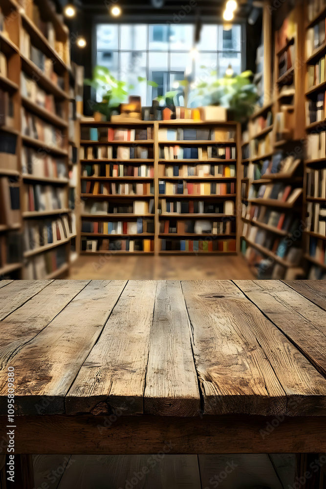 Rustic Wooden Tabletop in a Blurred Bookstore Background Illustration Rustic Wooden Tabletop in a Blurred Bookstore Background Illustration