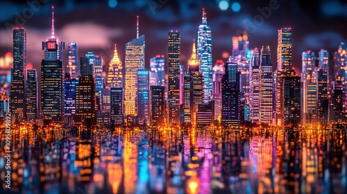 Vibrant city skyline illuminated at night with reflections in water photo