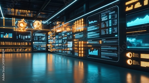 Futuristic data center with glowing displays and analytics panels.