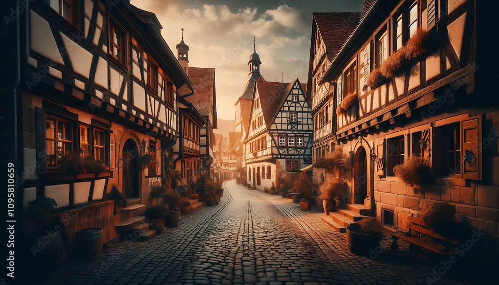 Fototapeta premium Charming Old Town Street with Timeless Half-Timbered Houses. generator AI