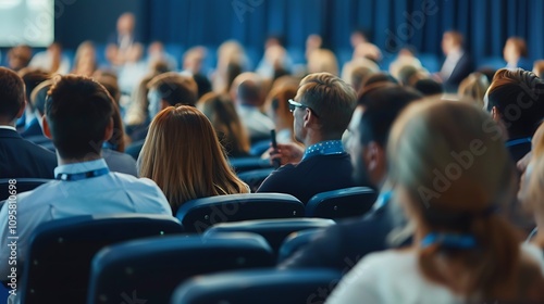 A conference scene with attendees focused on a speaker, highlighting engagement and collaboration.