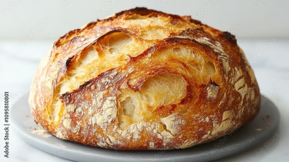 Golden-brown artisan sourdough bread on a grey plate. Golden-brown artisan sourdough bread on a grey plate.