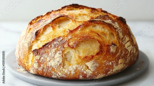 Golden-brown artisan sourdough bread on a grey plate.