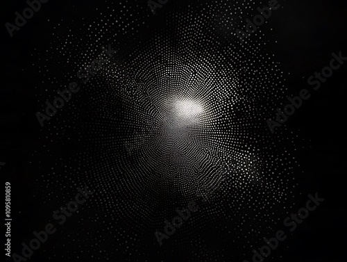 Abstract swirling light dots on black background.