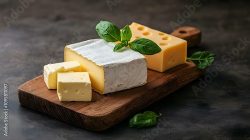 An elegant wooden board showcases a variety of cheeses with fresh basil, perfect for culinary delights and gourmet presentations. photo