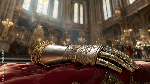 An ornate golden gauntlet resting on rich fabric, illuminated by soft light in a grand historical interior, symbolizing power and heritage.