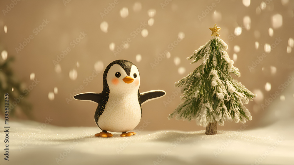 Obraz premium Animated penguin sliding on ice near christmas tree winter wonderland digital art cozy environment playful concept